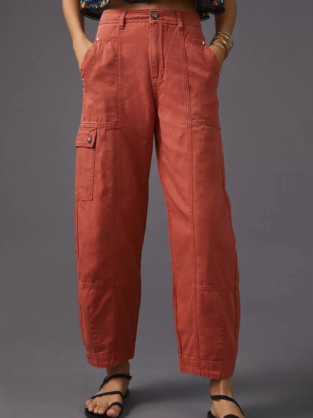 Anthropologie Women's Cotton Blend Cargo Pants Utility Barrel Leg Red Size 12